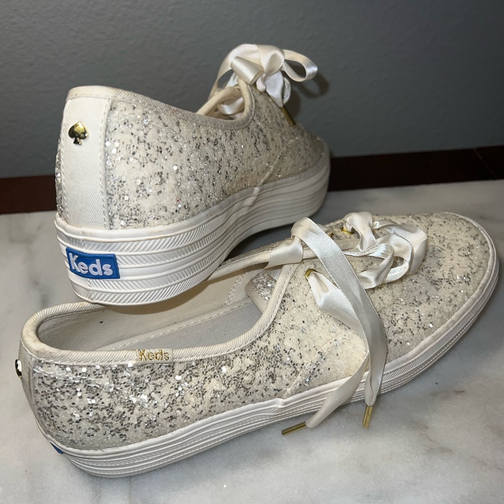 💙 ♠️ KEDS For KATE SPADE Triple Glitter Platform Sneakers Satin Laces Like New!